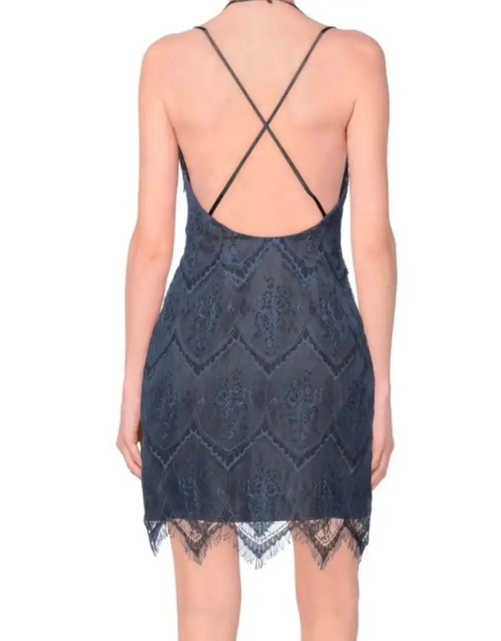 Free People Nothing Like This Lace Lace Mini Dress in Slate Blue Size 8 - Picture 3 of 7